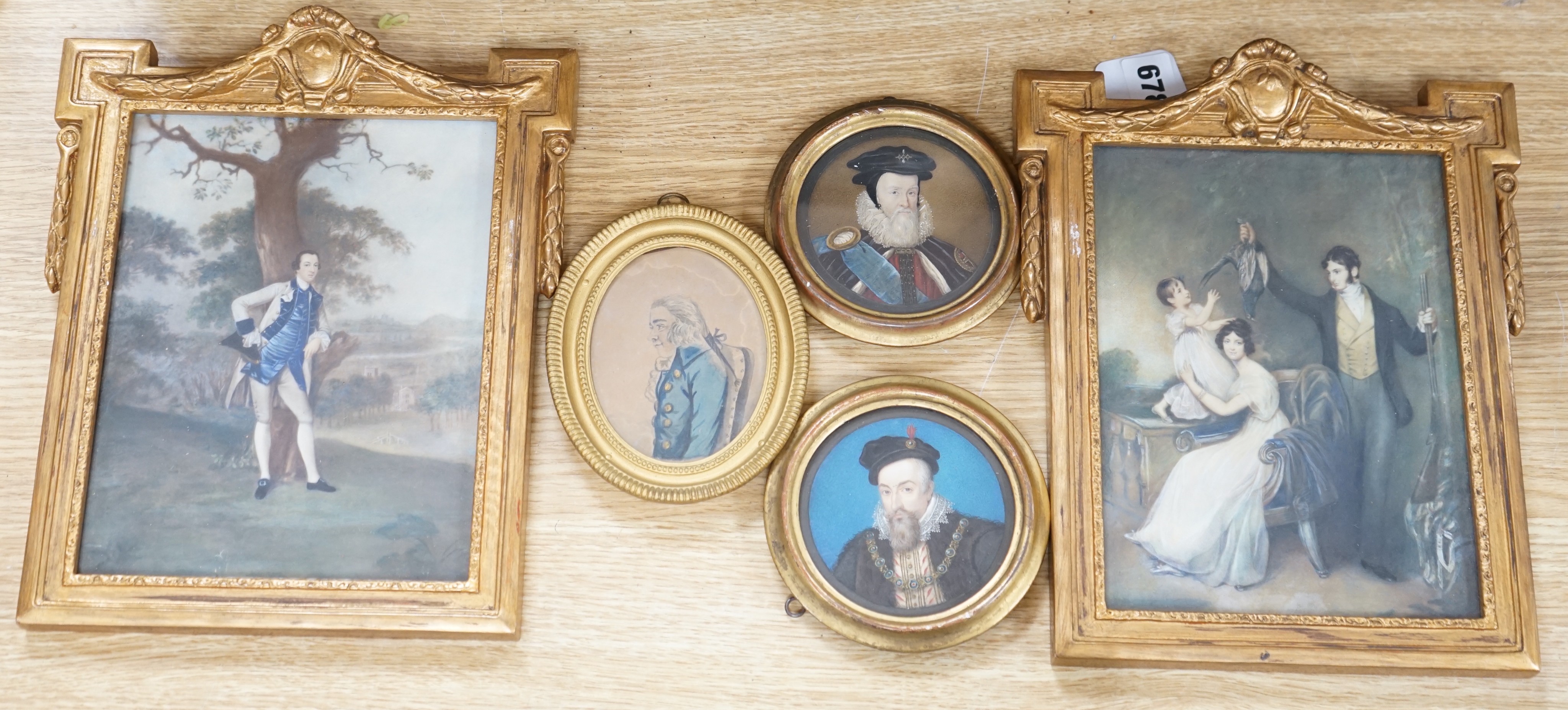 English School c.1900, pair of watercolour on card miniatures, Portraits of Robert Dudley, Earl of Leicester and Lord Burghley, an early 19th century watercolour, miniature of a Georgian gentleman and two gilt framed pri